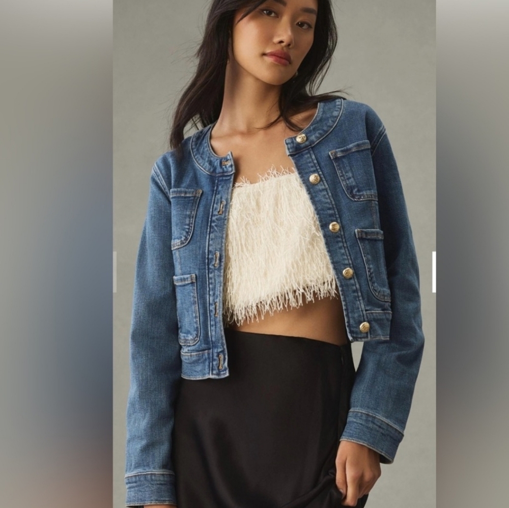 Maeve x Anthropologie COCO Denim Med Button Front Patch Pocket Jean Jacket Chic